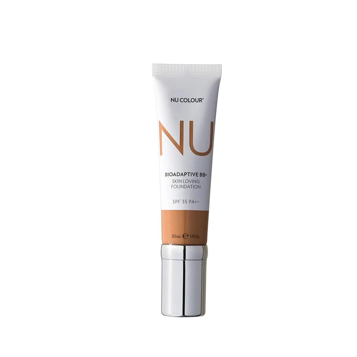 Produktfotografie. Front: Nu Colour Bioadaptive BB+ Skin Loving Foundation Tube mit SPF 35 (je 30ml) - Typ: Mocha.