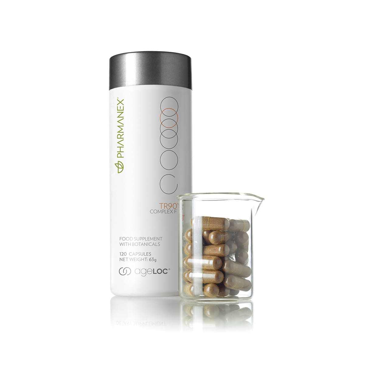 Front: TR90 Complex F (120 Kapseln) von ageLOC, daneben steht ein niedriges Glas, das mit den TR90 Complex F Kapseln befüllt wurde.