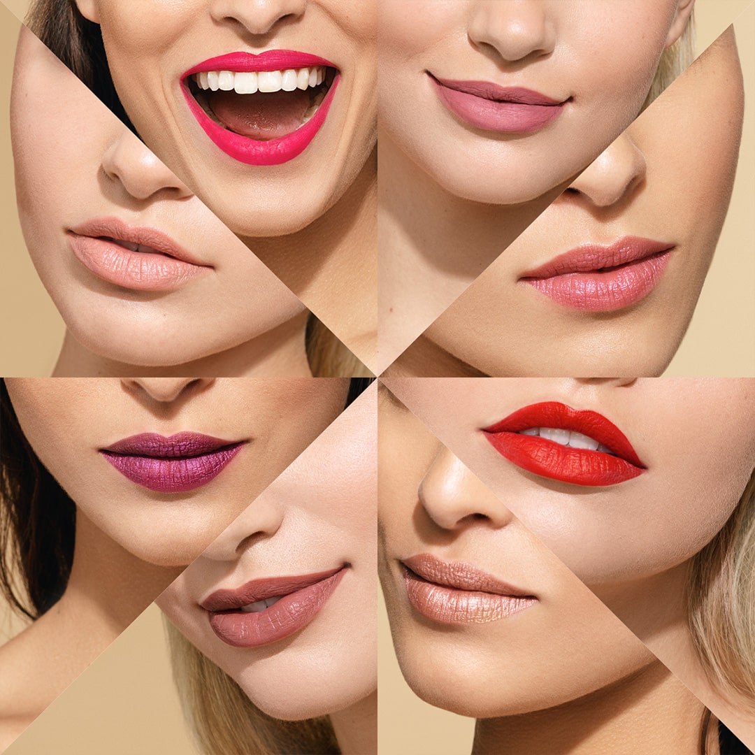 Collage: Mehrere Frauenlippen, die mit unterschiedlichen Nuancen der Nu Colour POWERlips Fluid Matte Lippenfarbe bemalt wurden.