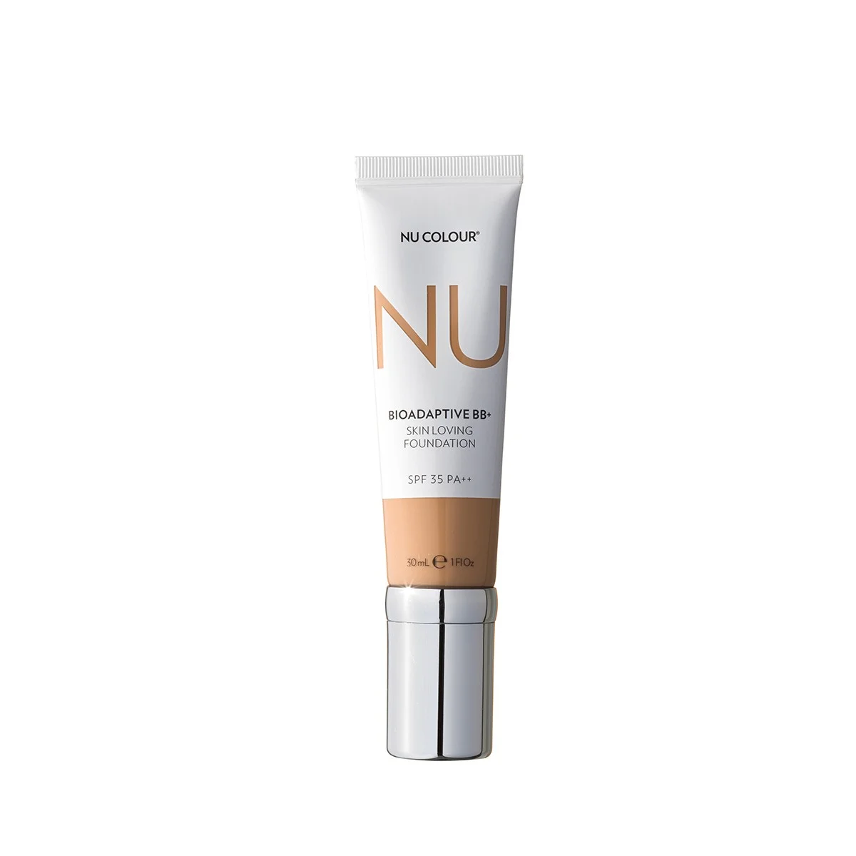 Produktfotografie. Front: Nu Colour Bioadaptive BB+ Skin Loving Foundation Tube mit SPF 35 (je 30ml) - Typ: Almond.