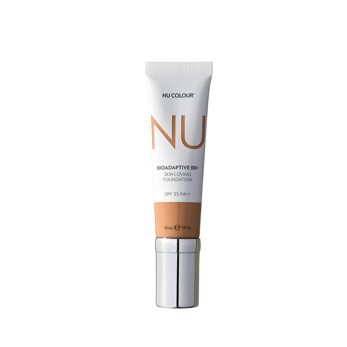 Produktfotografie. Front: Nu Colour Bioadaptive BB+ Skin Loving Foundation Tube mit SPF 35 (je 30ml) - Typ: Amber.