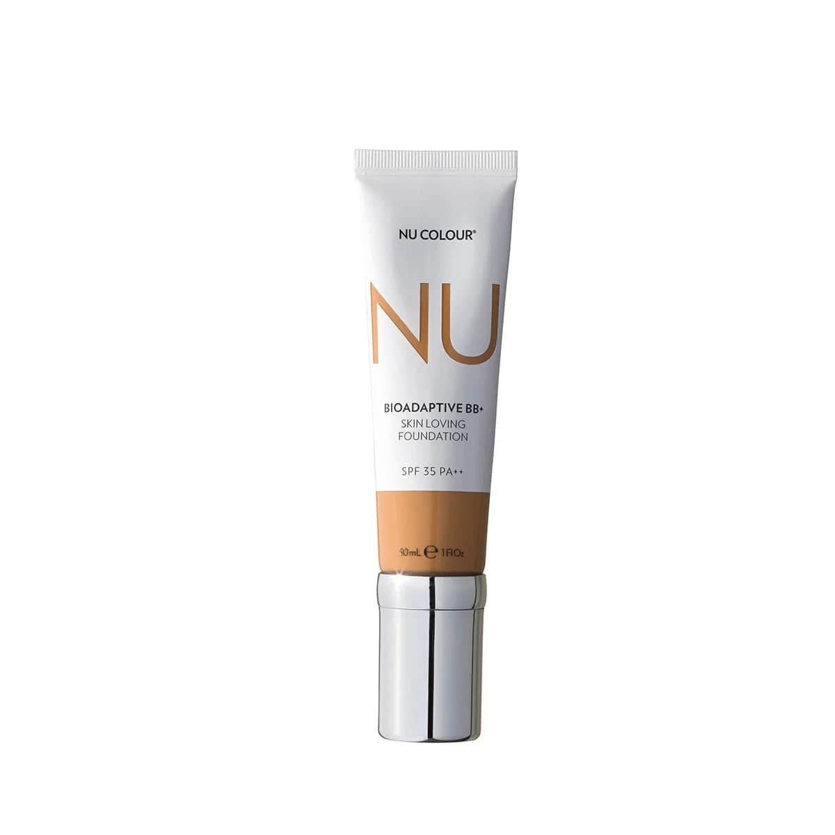 Produktfotografie. Front: Nu Colour Bioadaptive BB+ Skin Loving Foundation Tube mit SPF 35 (je 30ml) - Typ: Tan.