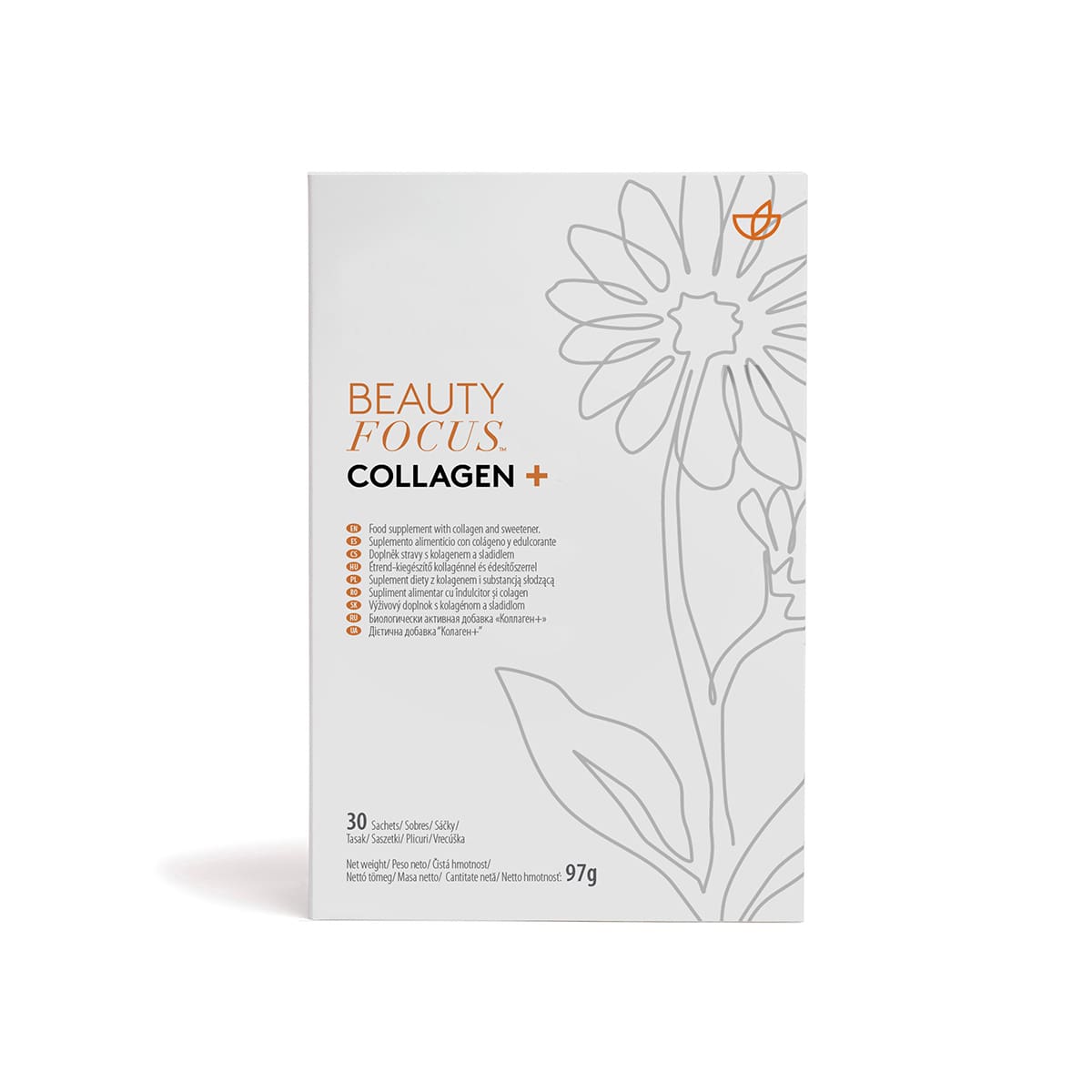 Front: Beauty Focus™ Collagen+ Packung (97g) Nahrungsergänzungsmittel zum Trinken.