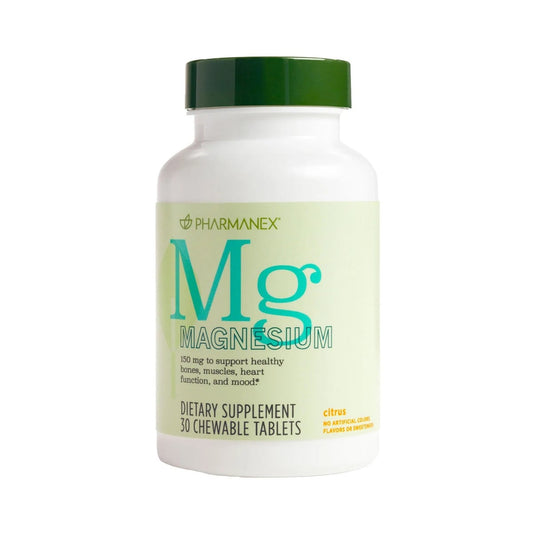 Produktfotografie. Front: Pharmanex® Magnesium Dose (enthält 30 Kautabletten). Zitronengeschmack.