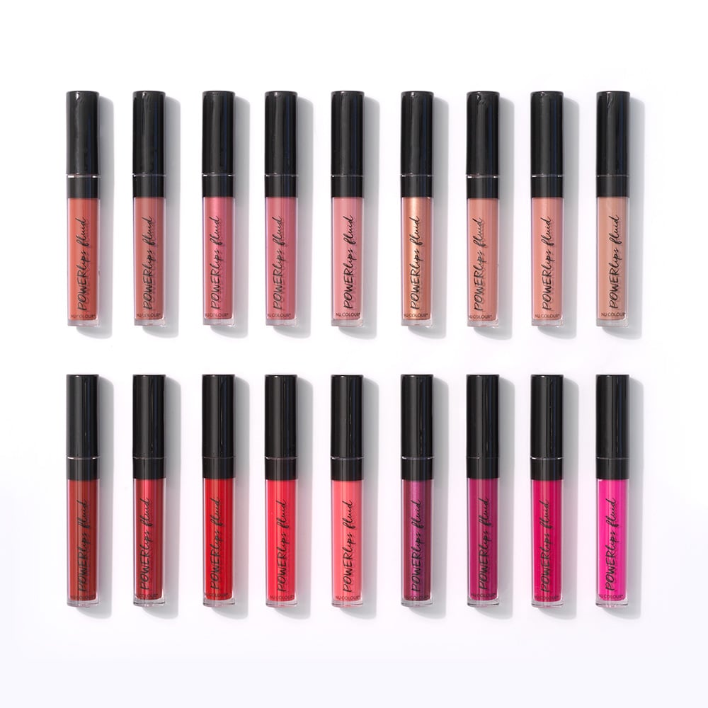 Nu Colour POWERlips Fluid Matte von Nu Skin, 16 Nuancen je 3,1ml – von knallig pink bis zu harmonisch blütenfarben.