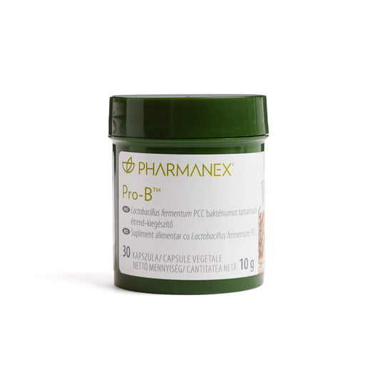 Produktfotografie. Front: Pharmanex Pro-B Kapselglas von NuSkin (enthält je 30 Kapseln, Nettogewicht: 10 g). 