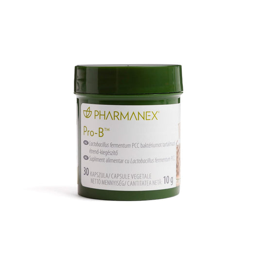 Produktfotografie. Front: Pharmanex Pro-B Kapselglas von NuSkin (enthält je 30 Kapseln, Nettogewicht: 10 g).