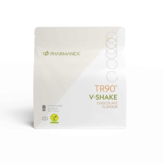 Frontal: 500g Packung, TR90 V-Shake (Pulver zum Anrühren eines veganen Proteinshake mit Schoko-Geschmack)