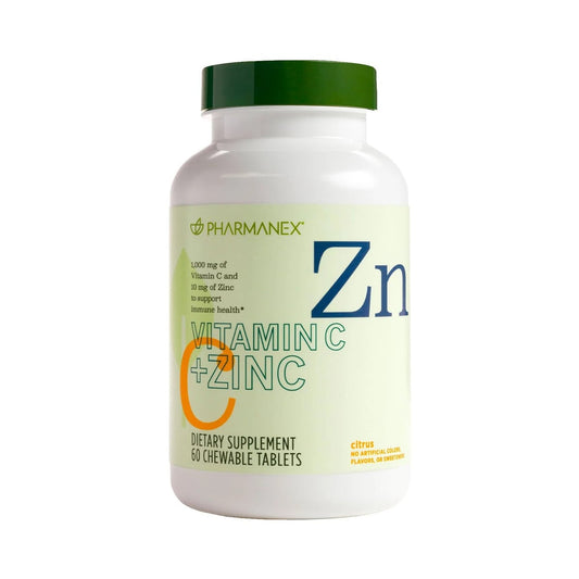 Produktfotografie. Front: Pharmanex® Vitamin C +Zink Dose (enthält 60 Kautabletten). Zitronengeschmack.